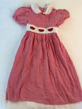 Vintage Red Gingham Peter Pan Collar Dress with Watermelon Applique